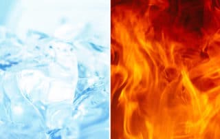 Side-by-side photos of ice and heat in the context of treating muscle and joint injuries