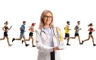 Female sport medicine doctor showing a knee bone model in front of people running
