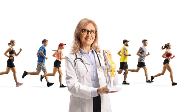 Female sport medicine doctor showing a knee bone model in front of people running